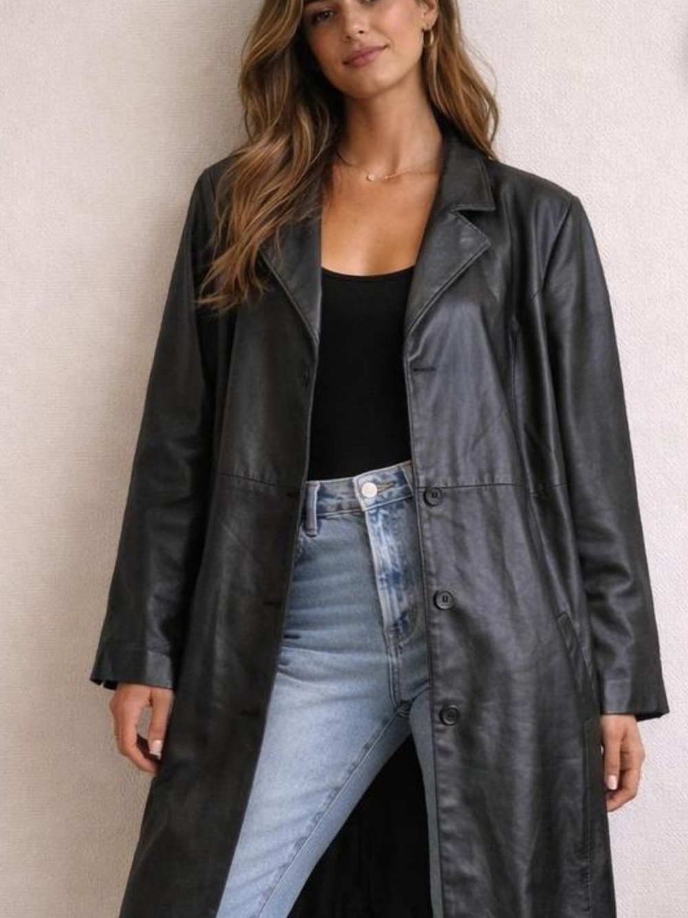Jones New York Black Calf Leather Mid-Length Overcoat Button Down Lined XL Y2K - Picture 5 of 16